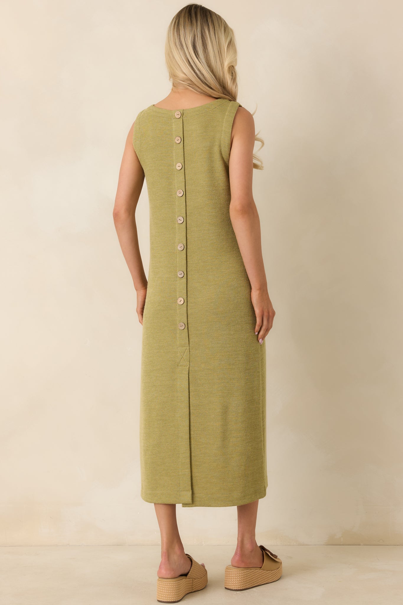 Soft Horizons Olive Green Rib Knit Button Back Midi Dress