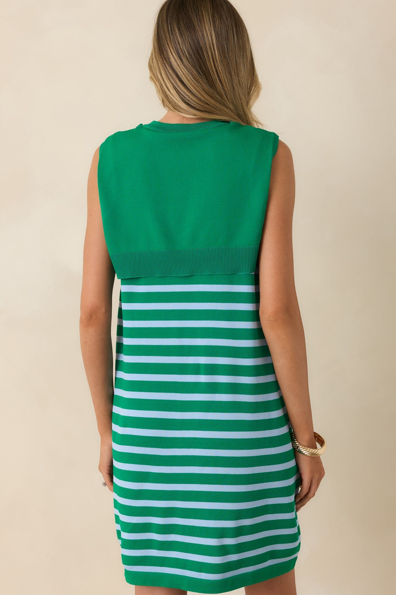 Fairway to Friday Green & Light Blue Stripe Layered Sweater Mini Dress