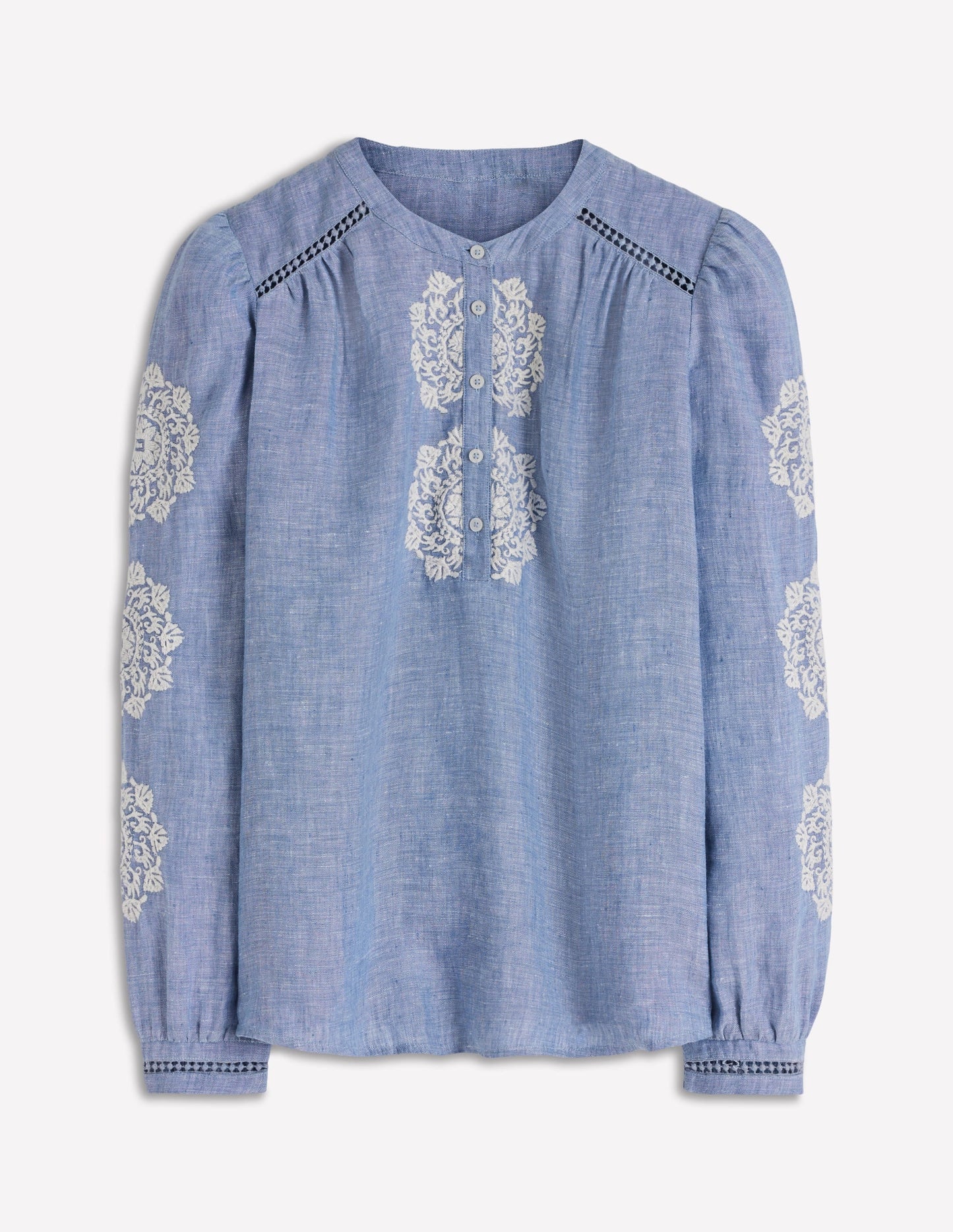 Embroidered Trim Interest Top-Chambray