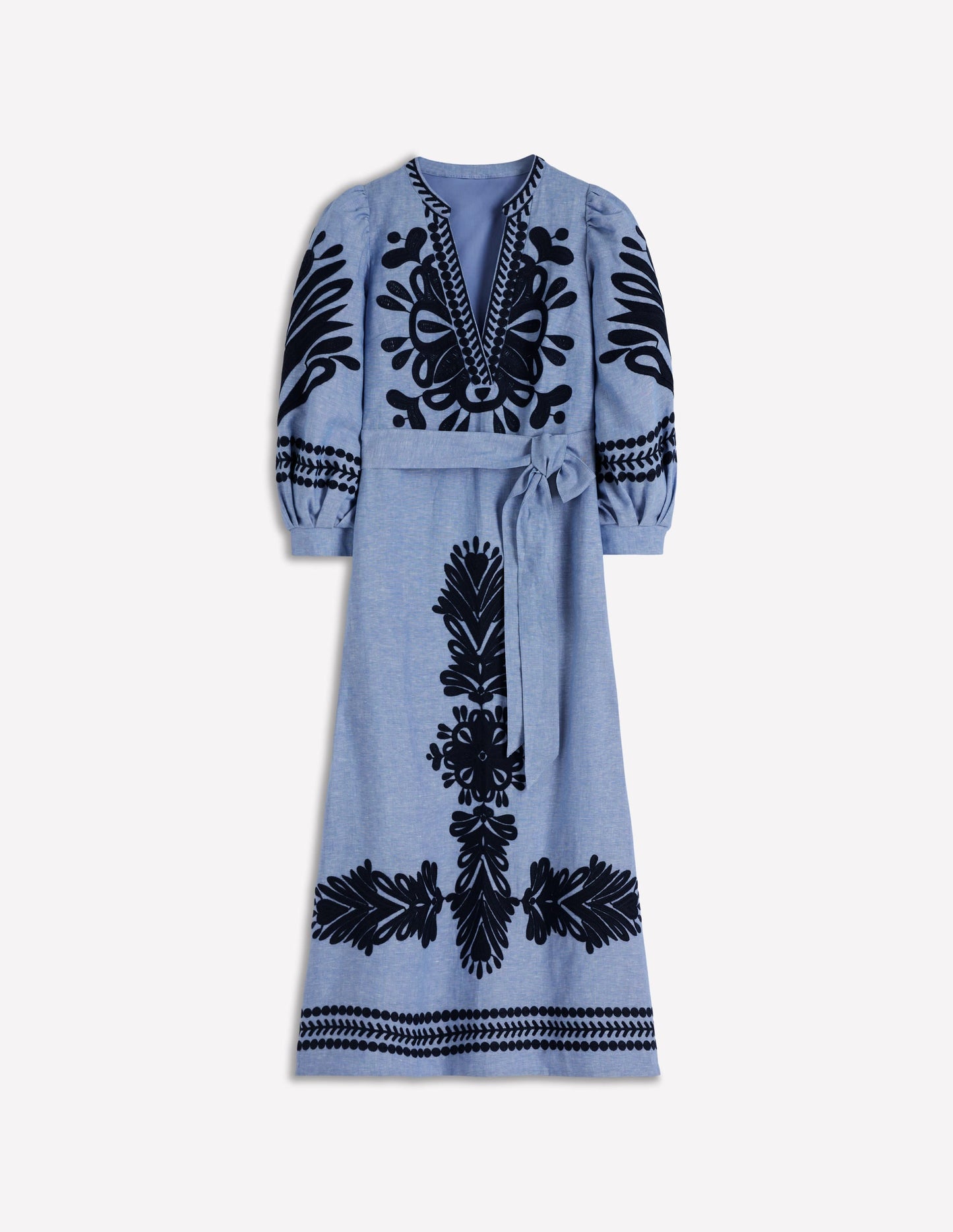 Octavia Linen Blend Dress-Embroidered Chambray