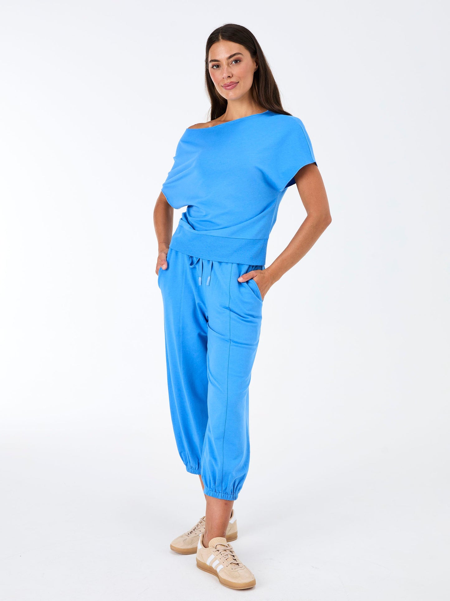 French Terry Short Sleeve Off Shoulder Sweatshirt - Cobalt