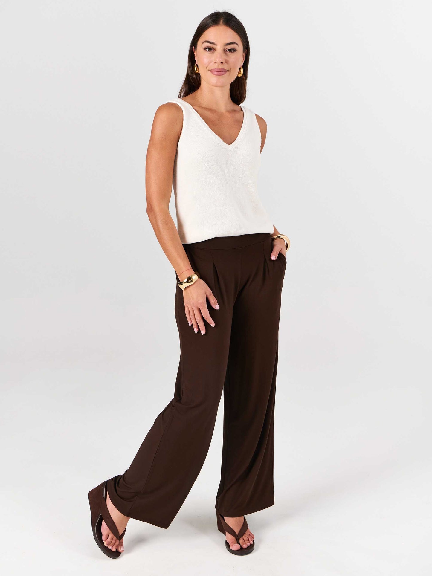 Pleat Front Wide Leg Pants - Coffee Bean