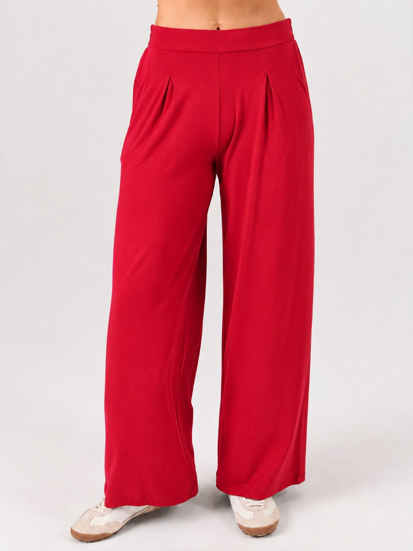 Pleat Front Wide Leg Pants - Cherry
