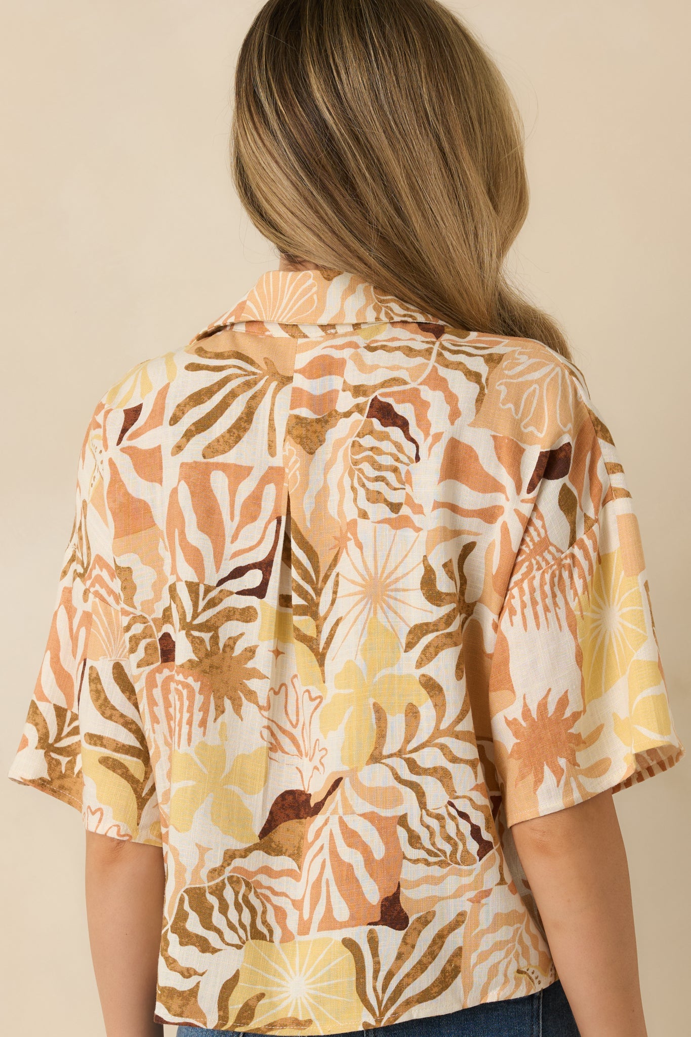Say You Will Tan Multi Tropical Print Button Up Top