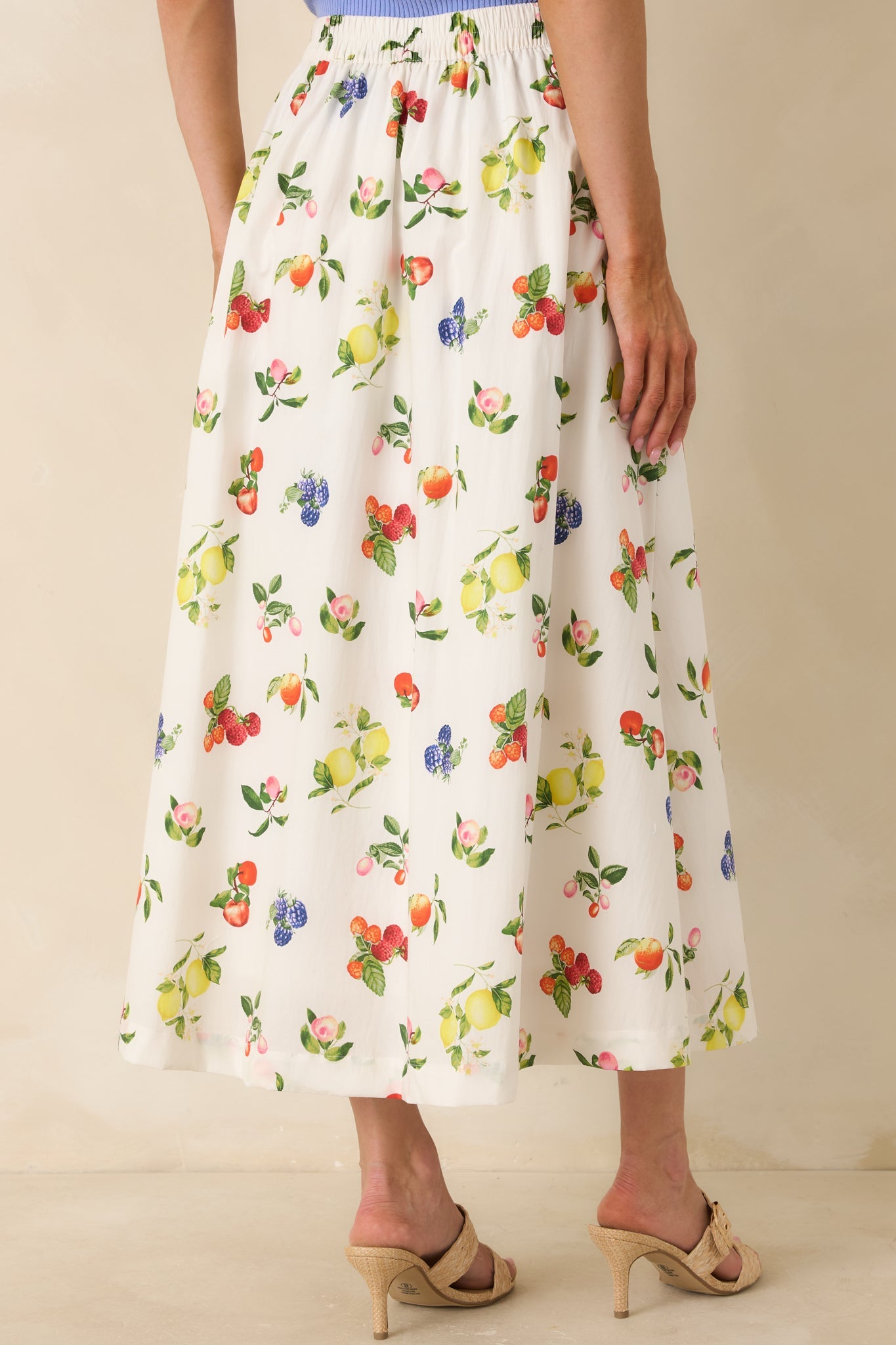 Pick of the Season White Multi Cotton Fruit Print Midi Skirt