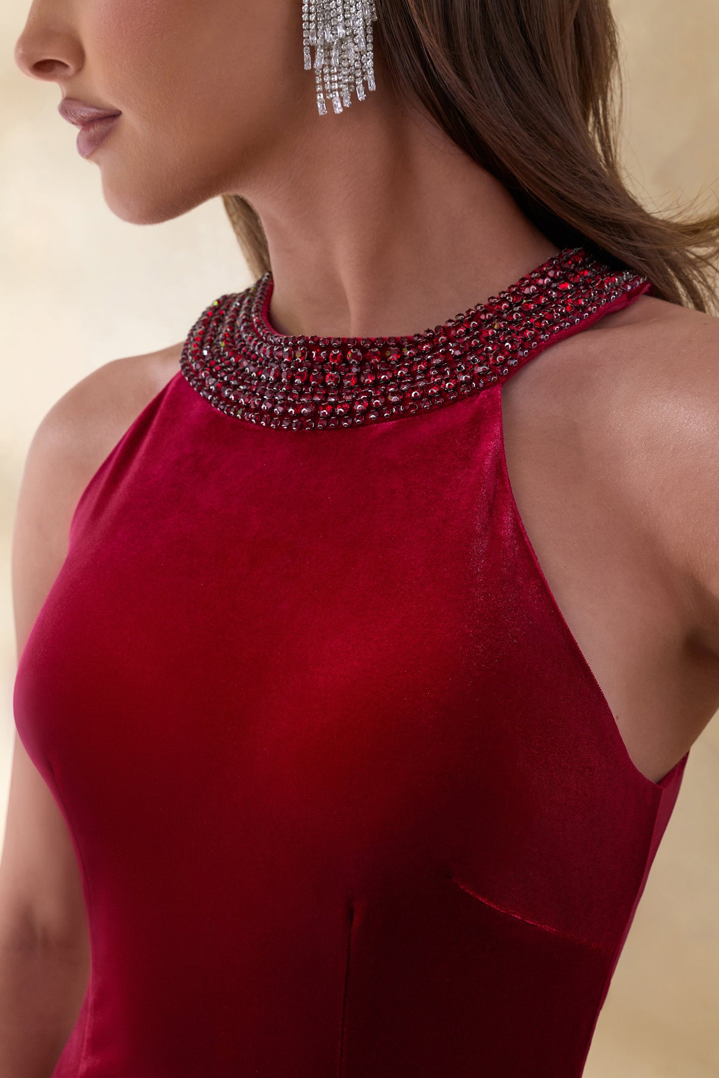 Darya | Burgundy Velvet Embellished High-Neck Maxi Dress