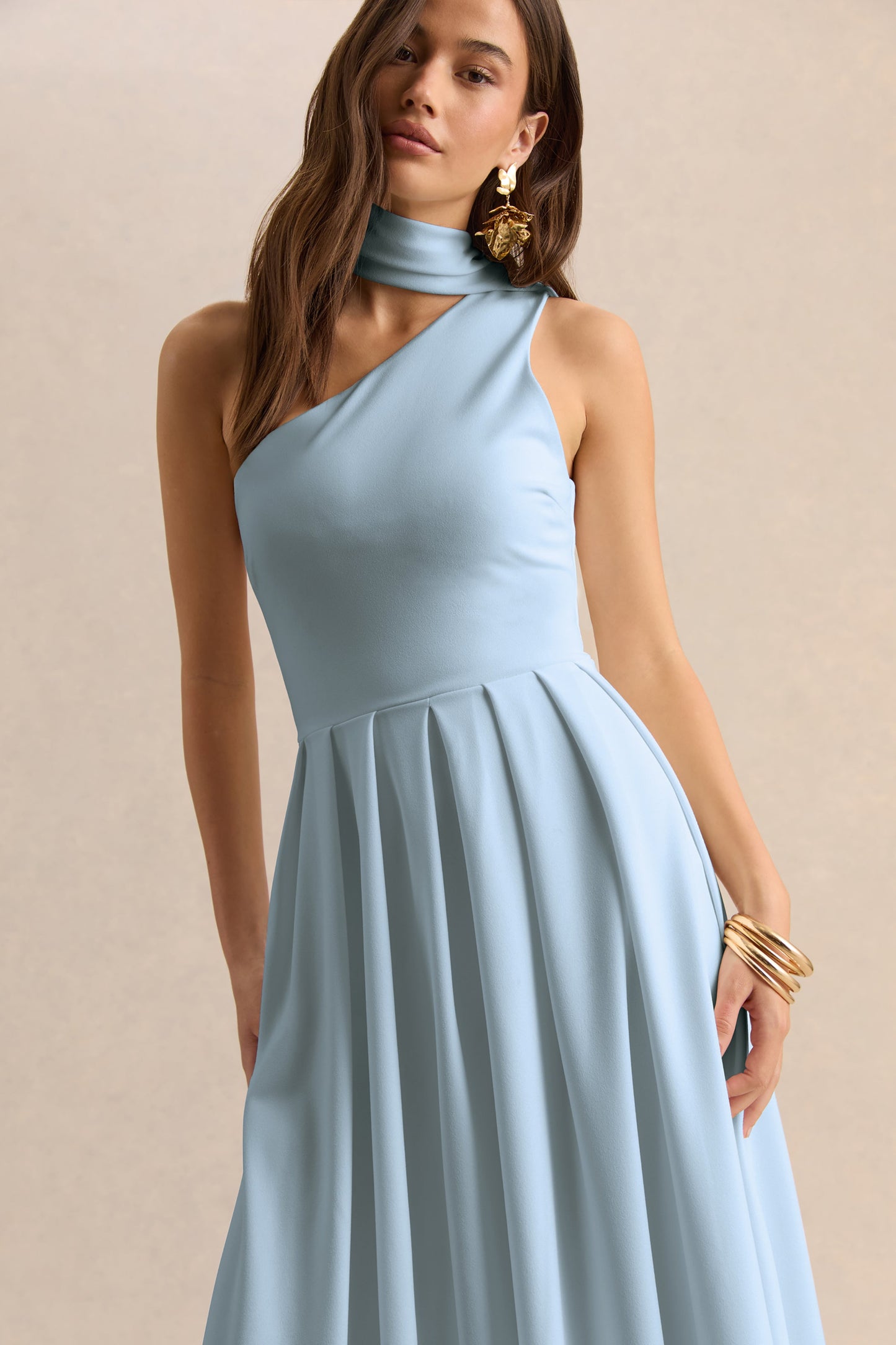 Odette | Powder Blue Asymmetric-Neck Midi Dress With Scarf