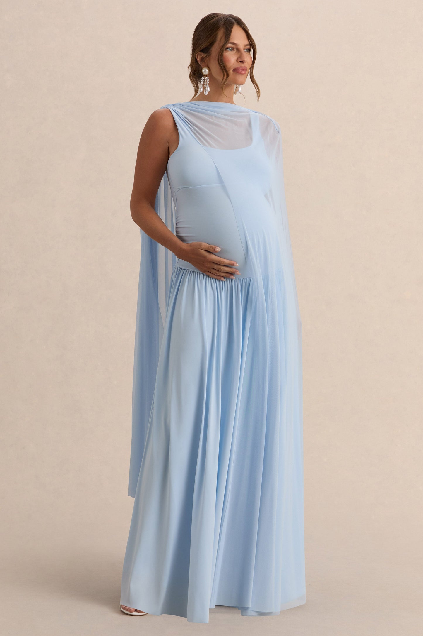 Louella | Light Blue Round-Neck Maternity Maxi Dress With Sheer Cape