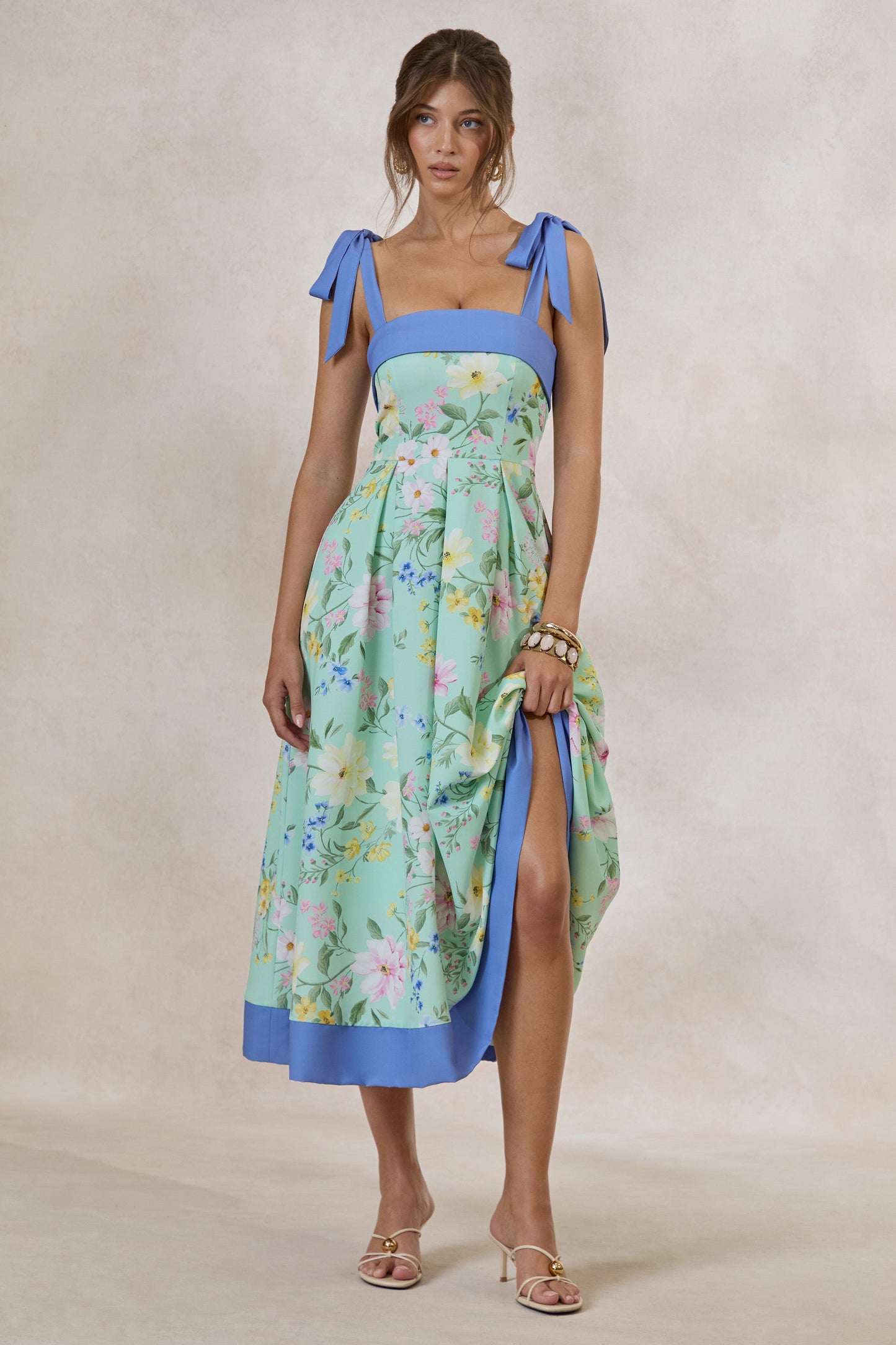 Marlisa | Mint Floral Print Square-Neck Midi Dress With Bow Straps