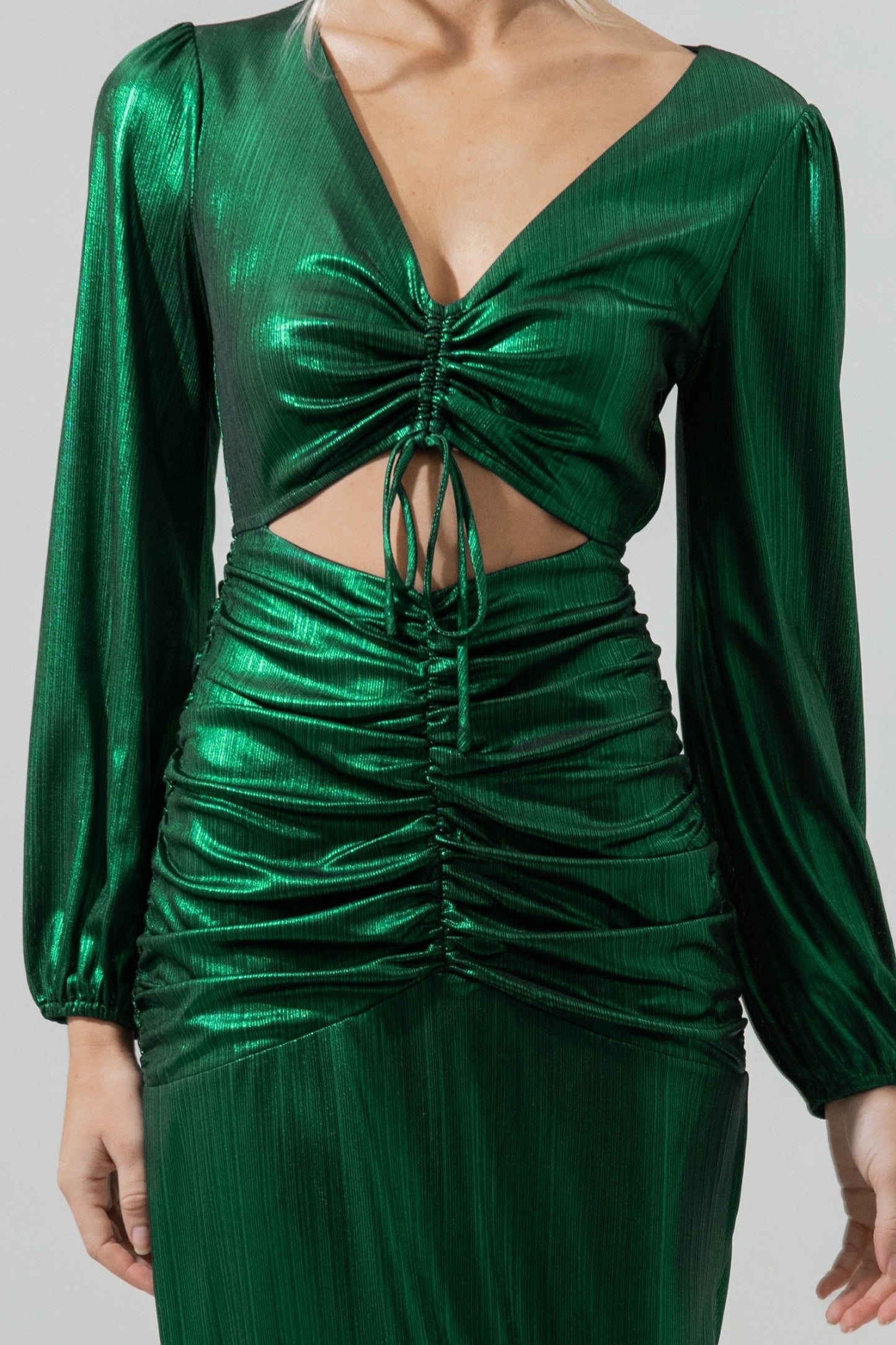 Cannes Liquid Satin Ruched Cut Out Midi Dress