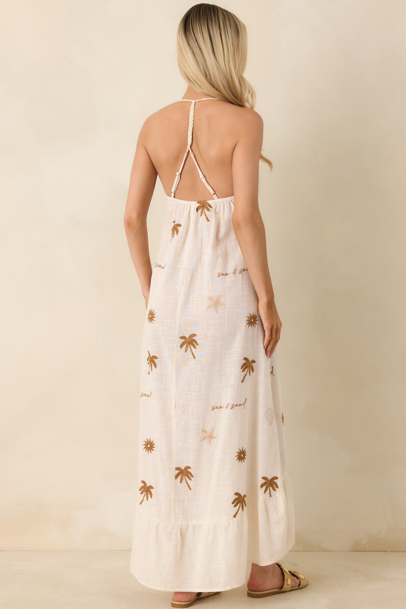 Sunwashed Sands Light Beige Cotton Coastal Embroidered Midi Dress