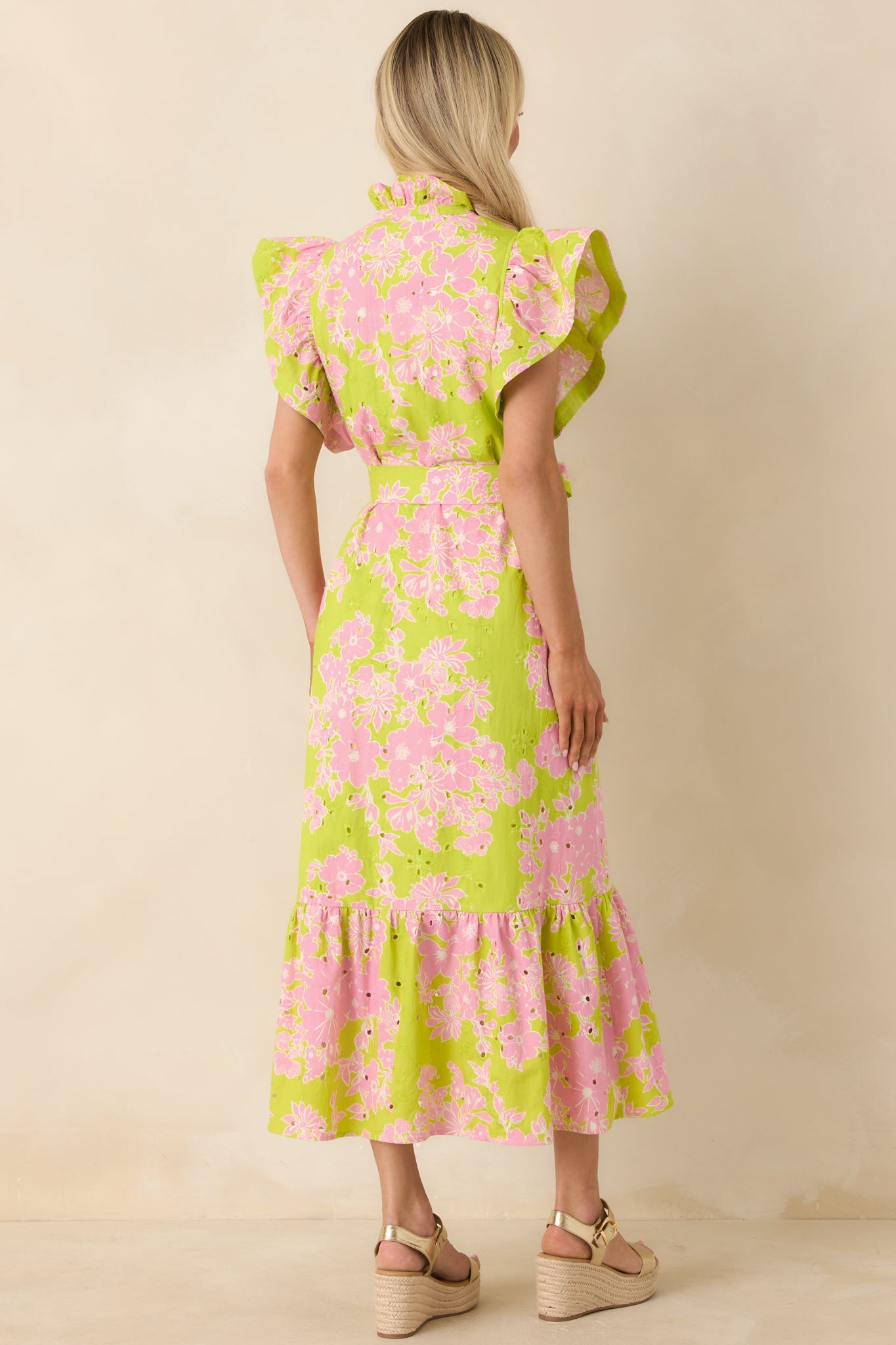 Fresh Air Floral Chartreuse & Pink Floral Cotton Eyelet Midi Dress