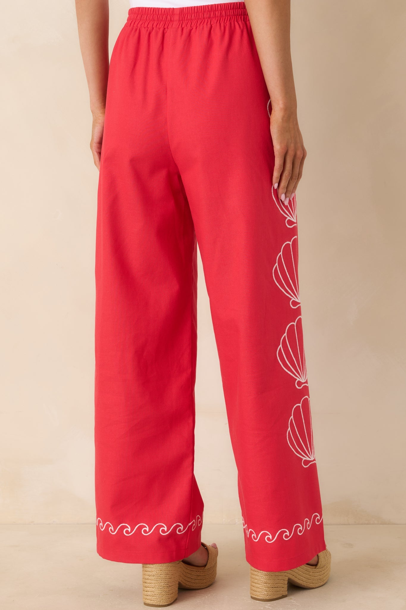 Sea You Soon Red Cotton Blend Shell Embroidered Wide Leg Pants