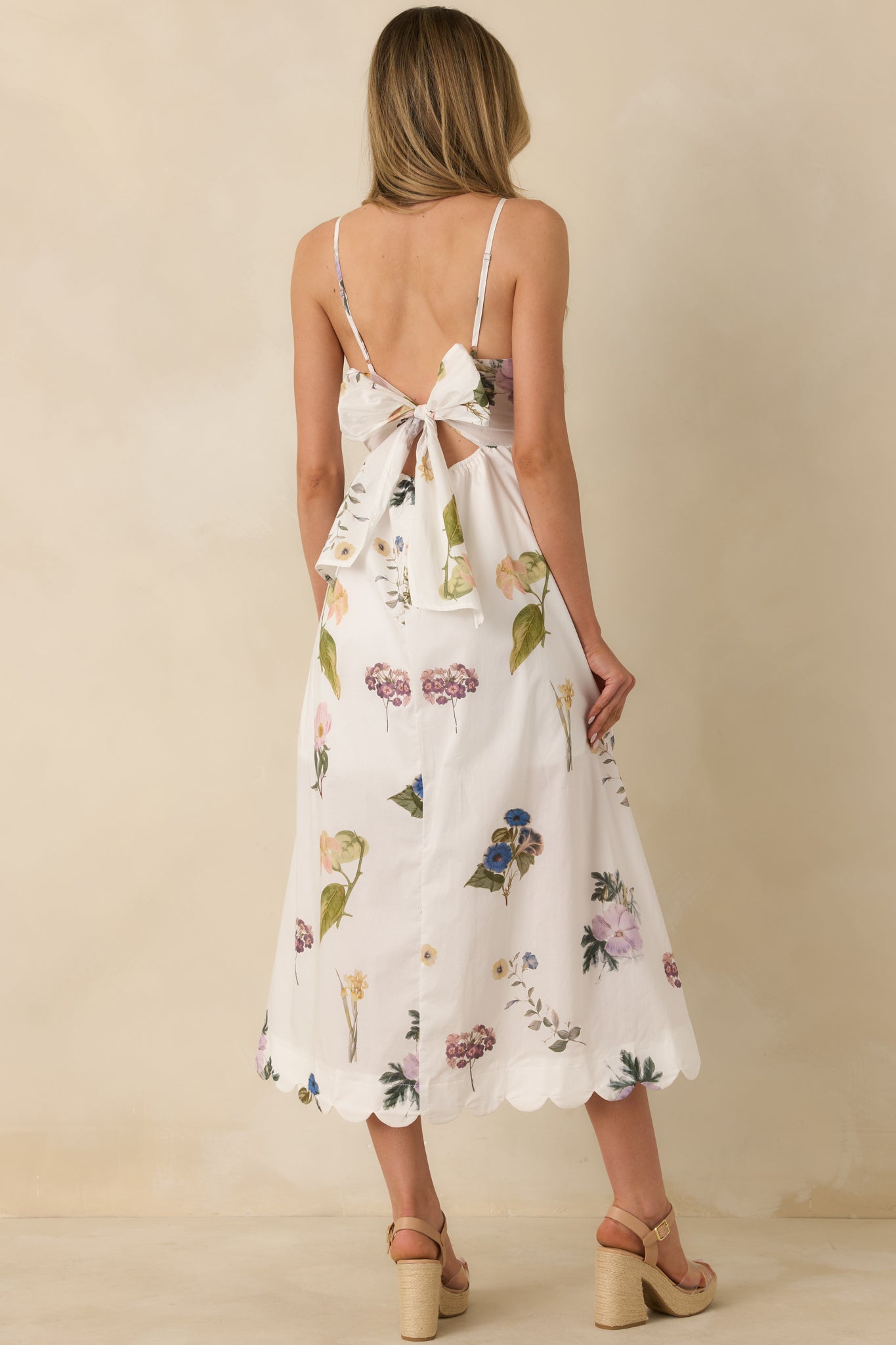 Promise in Bloom White Multi Floral Cotton Tie-Back Scalloped Midi Dress