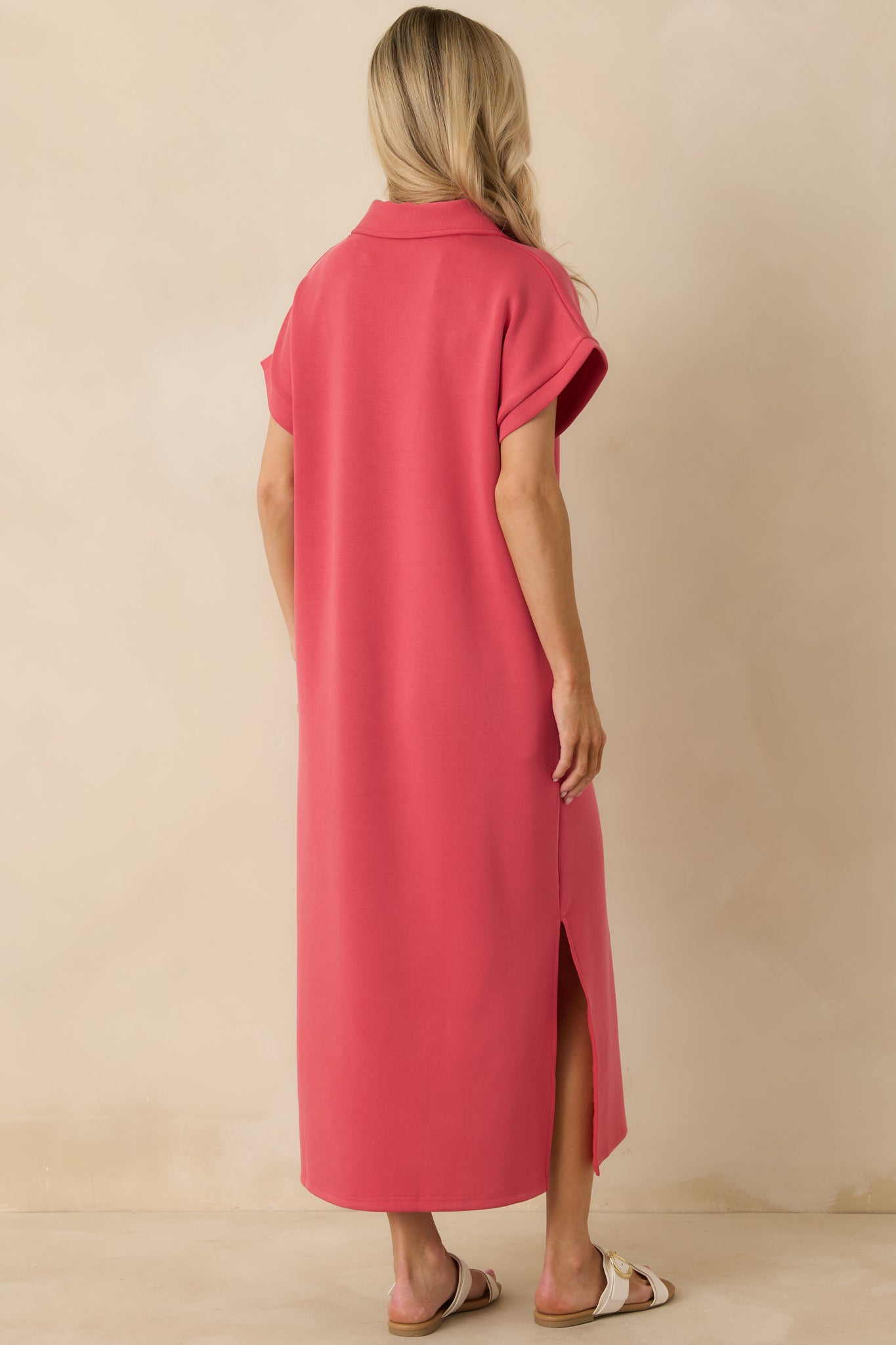 Made The Right Call Coral Pink Collared Midi T-Shirt Dress