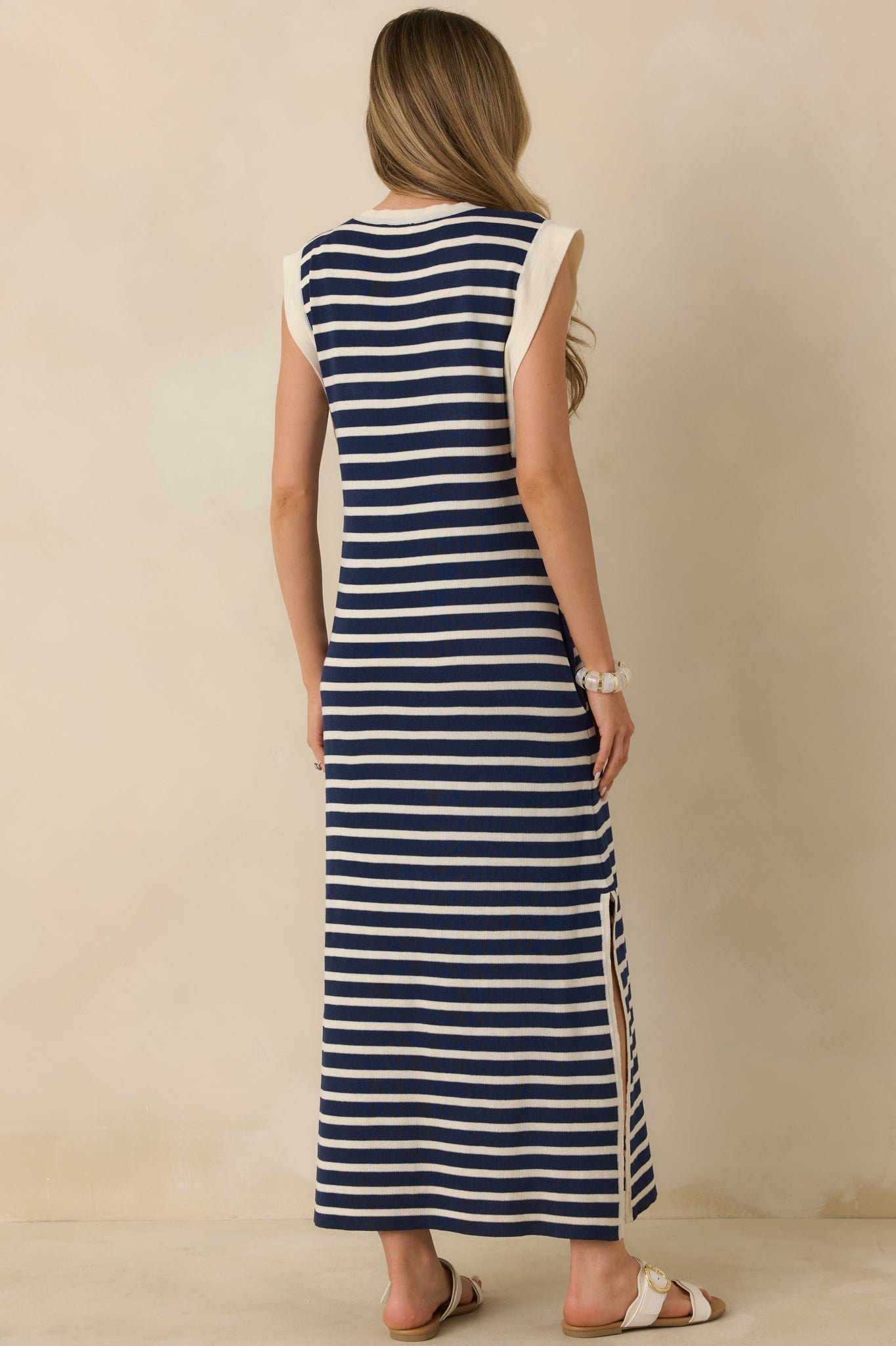 Keep It Straight Navy Stripe Stretch Knit Maxi Dress