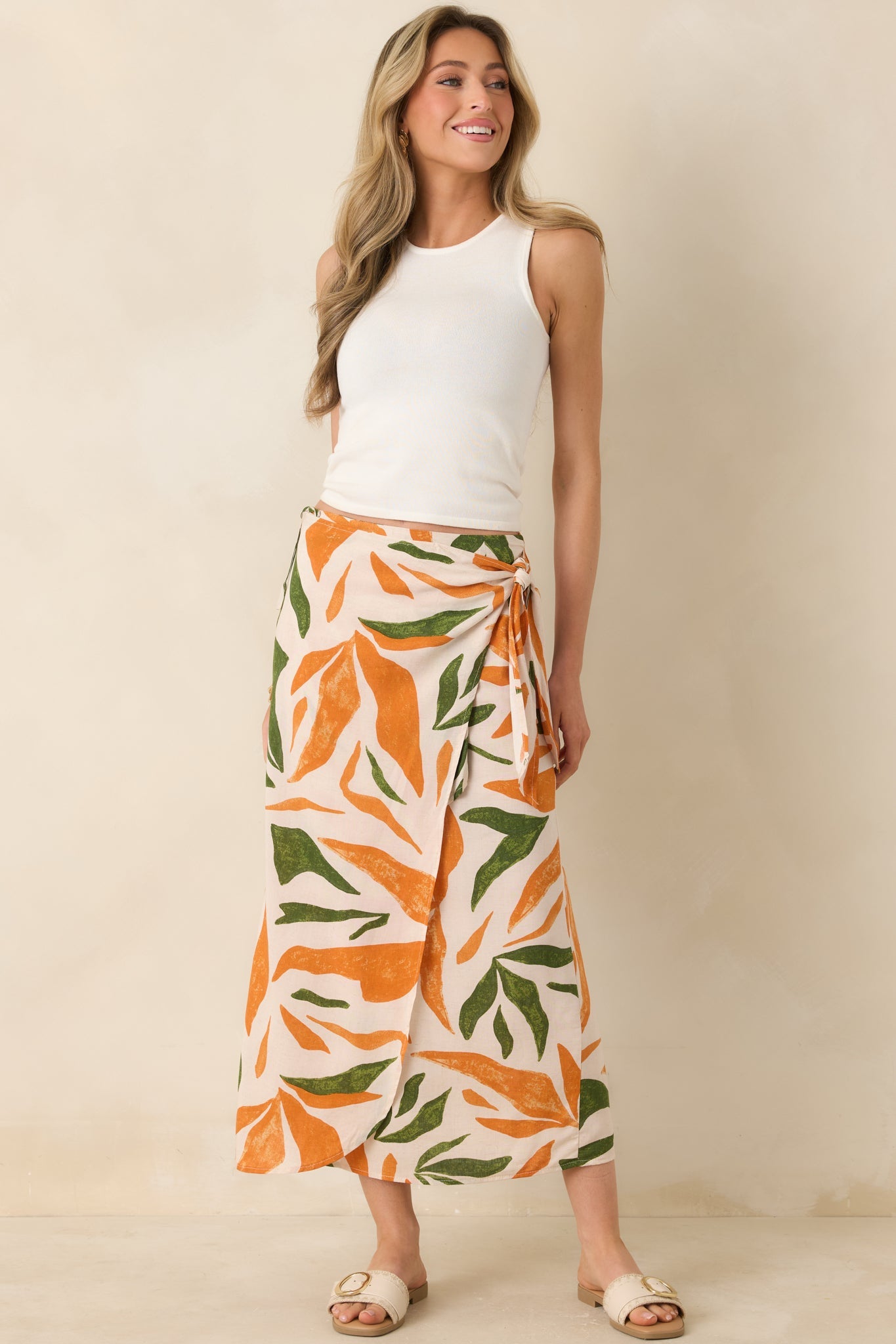 Cabana Chic Beige Tropical Print Midi Wrap Skirt