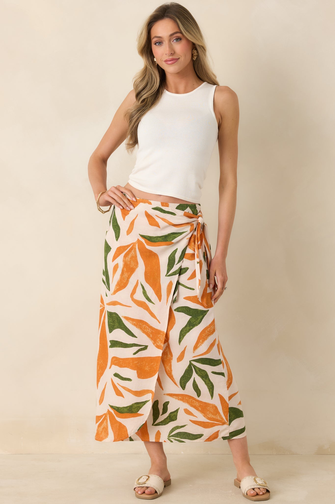 Cabana Chic Beige Tropical Print Midi Wrap Skirt