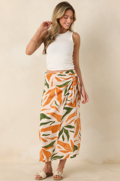 Cabana Chic Beige Tropical Print Midi Wrap Skirt