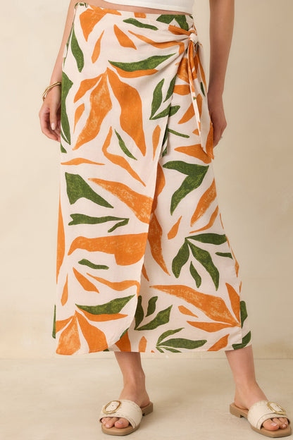 Cabana Chic Beige Tropical Print Midi Wrap Skirt