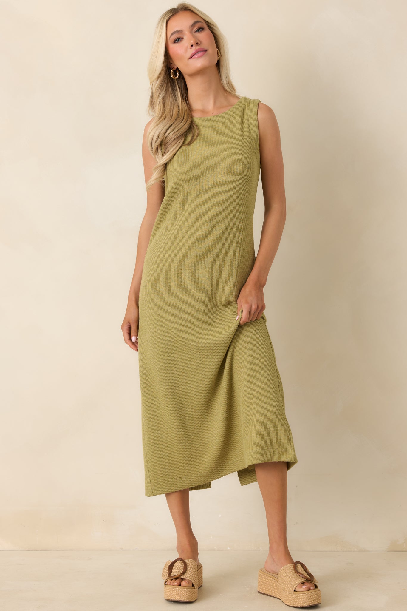 Soft Horizons Olive Green Rib Knit Button Back Midi Dress