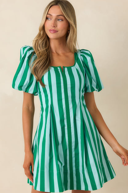 Stripe It Lucky Green & Mint Cotton Puff Sleeve Mini Dress