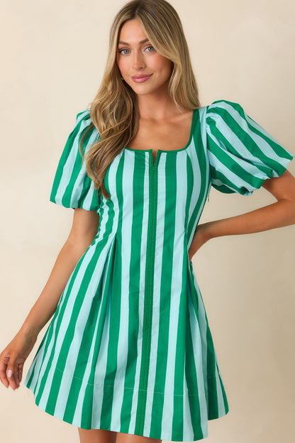 Stripe It Lucky Green & Mint Cotton Puff Sleeve Mini Dress
