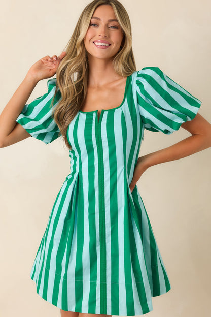 Stripe It Lucky Green & Mint Cotton Puff Sleeve Mini Dress