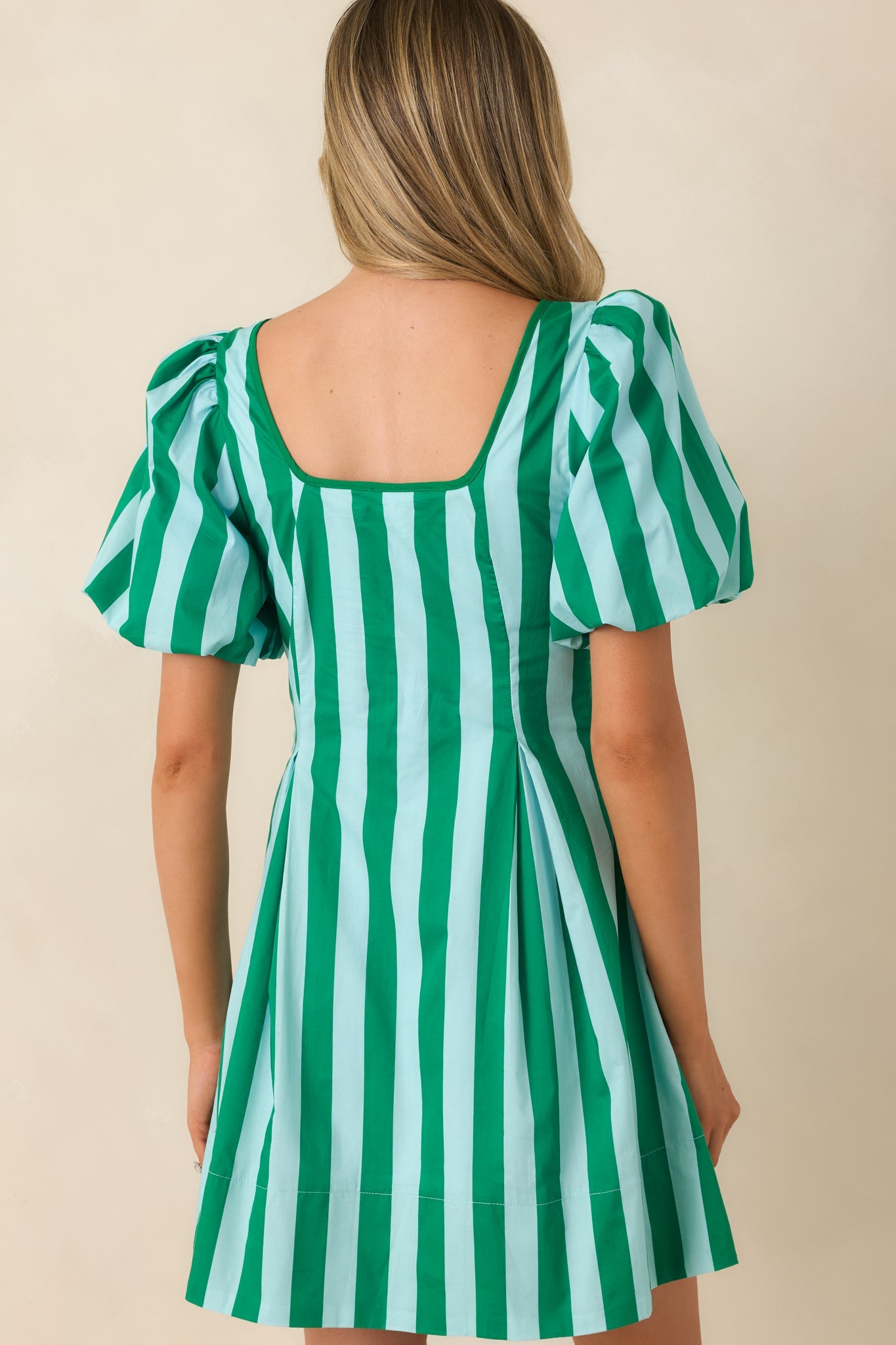 Stripe It Lucky Green & Mint Cotton Puff Sleeve Mini Dress