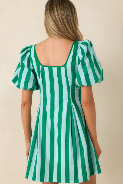 Stripe It Lucky Green & Mint Cotton Puff Sleeve Mini Dress