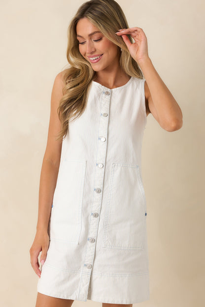 FRNCH Calypso Ivory & Sky Blue Stripe Cotton Mini Dress