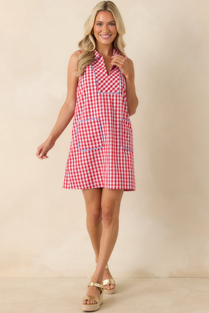 Summer Side Dish Red Gingham Cotton Mini Shift Dress