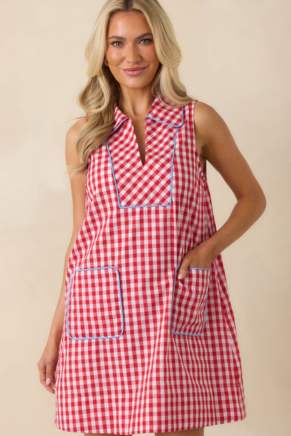 Summer Side Dish Red Gingham Cotton Mini Shift Dress