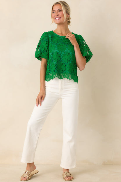 All the Attention Green Floral Lace Short Sleeve Top