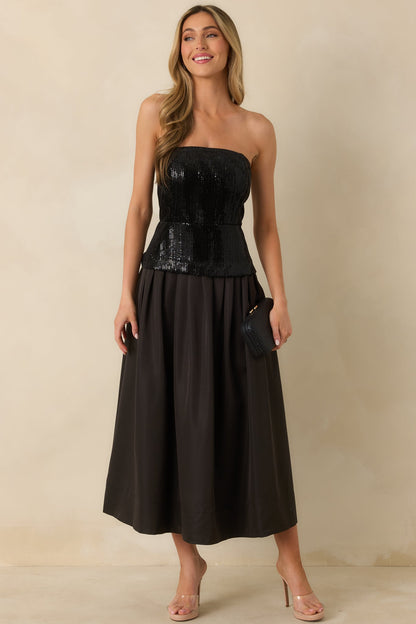 Sips & Sparkles Black Sequin Strapless Midi Dress