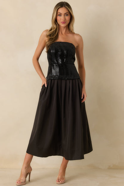 Sips & Sparkles Black Sequin Strapless Midi Dress