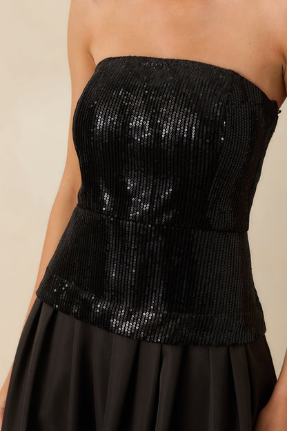 Sips & Sparkles Black Sequin Strapless Midi Dress