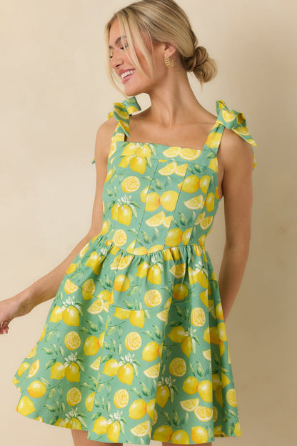 Sounds Like Fun Green Lemon Print Cotton Denim Mini Dress