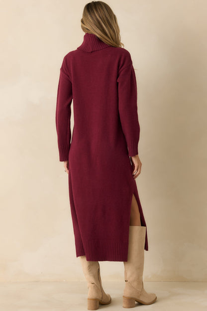 Toasty Thoughts Burgundy Red Knit Turtleneck Sweater Midi Dress