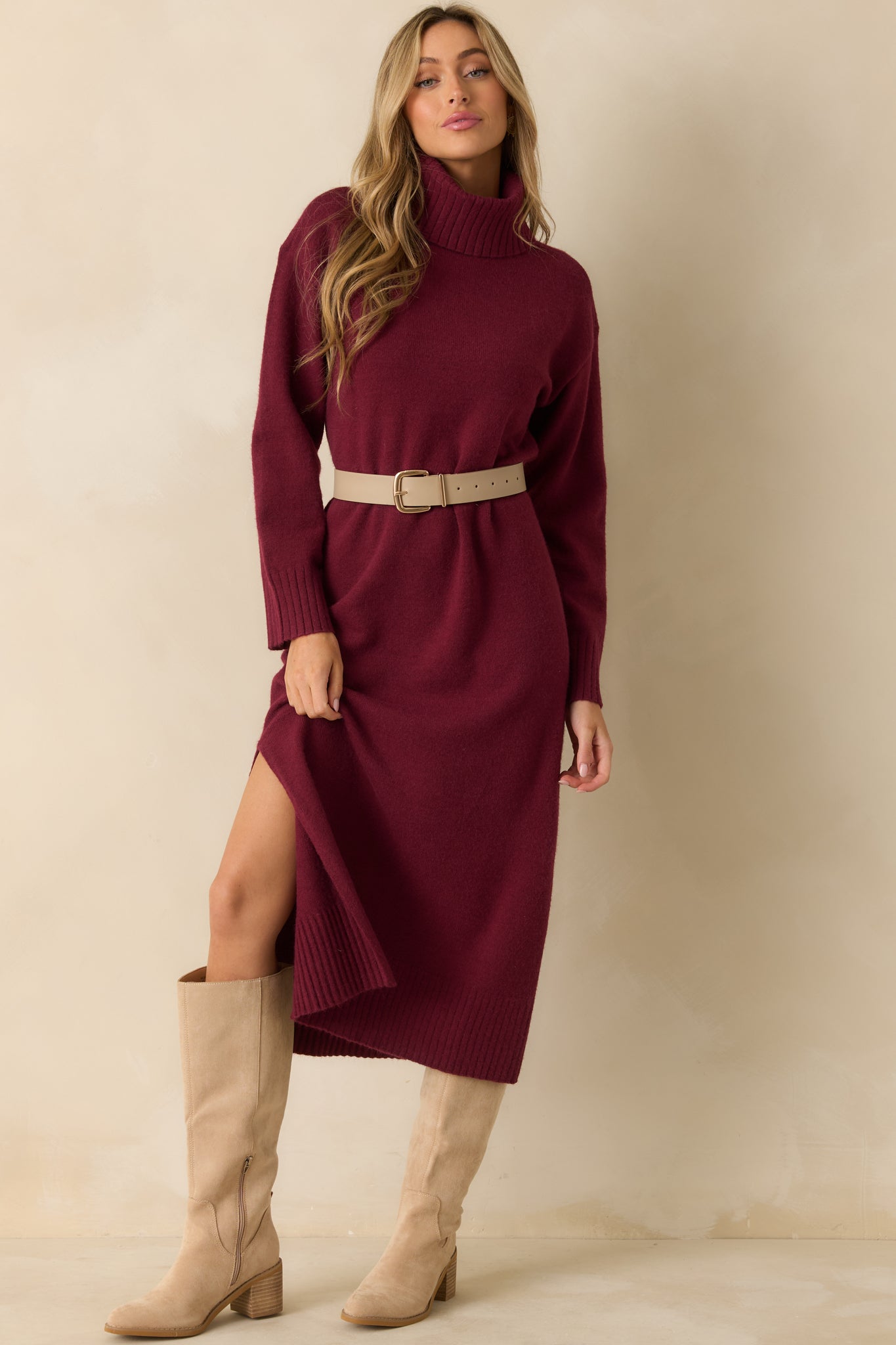 Toasty Thoughts Burgundy Red Knit Turtleneck Sweater Midi Dress