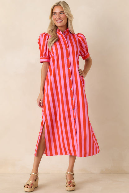 She’s Electric Pink & Red Stripe Cotton Puff Sleeve Midi Dress