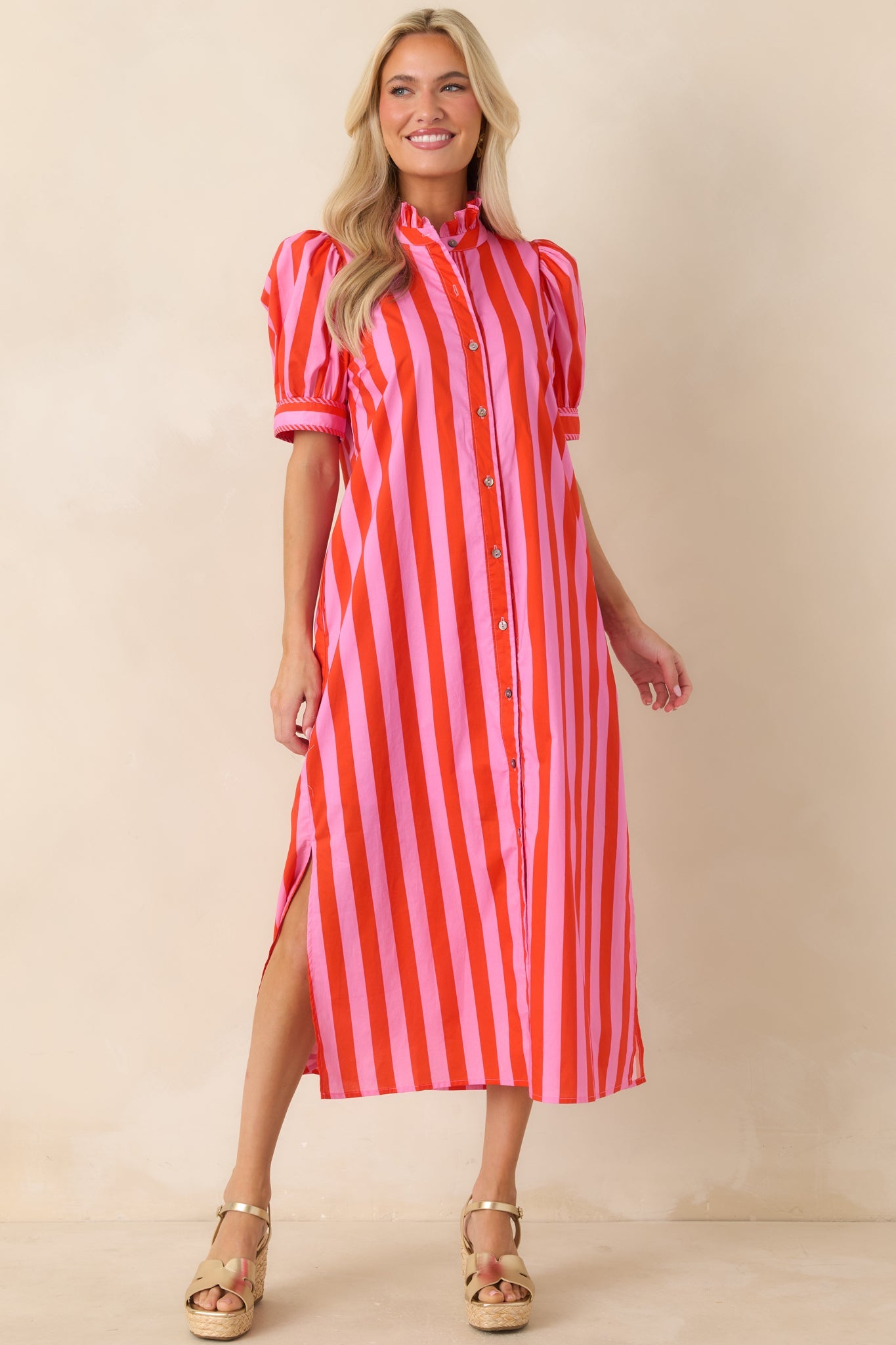 She’s Electric Pink & Red Stripe Cotton Puff Sleeve Midi Dress