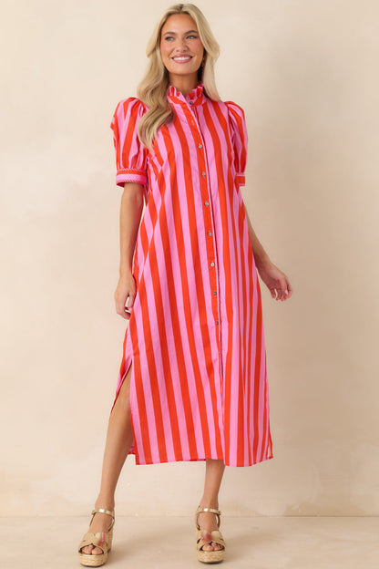 She’s Electric Pink & Red Stripe Cotton Puff Sleeve Midi Dress