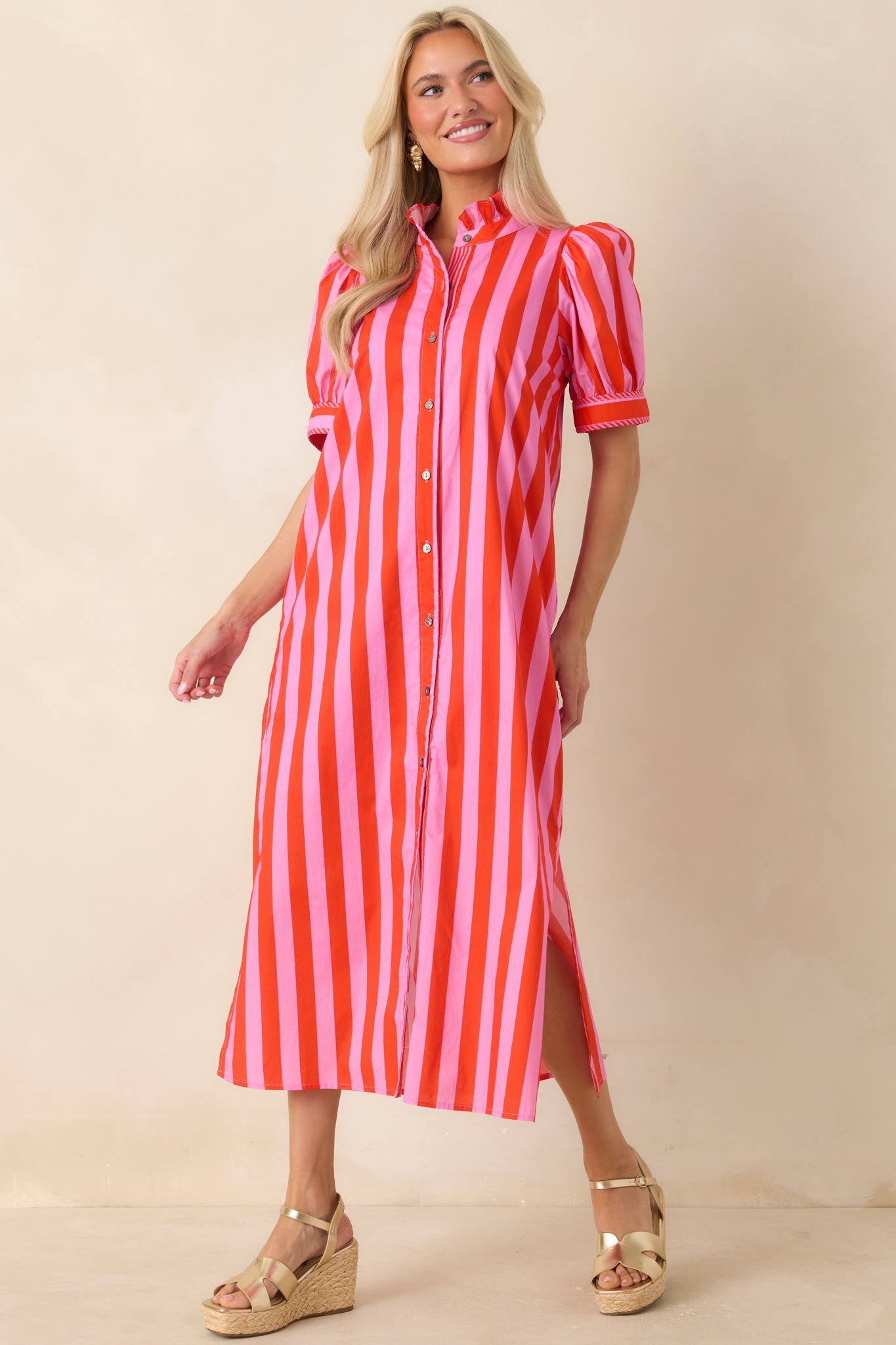 She’s Electric Pink & Red Stripe Cotton Puff Sleeve Midi Dress