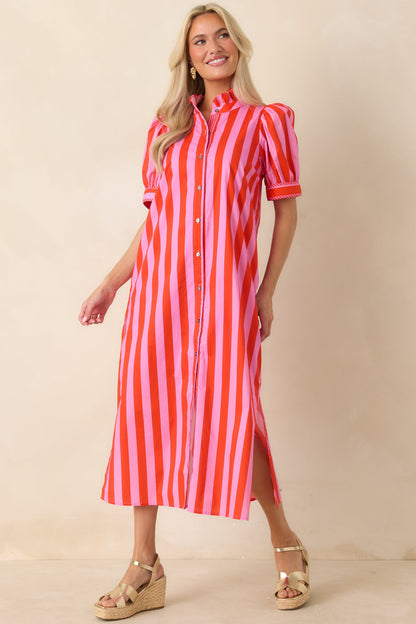 She’s Electric Pink & Red Stripe Cotton Puff Sleeve Midi Dress