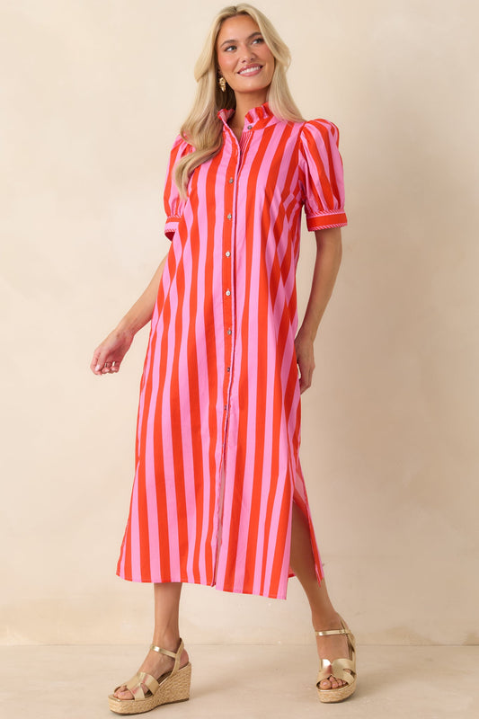 She’s Electric Pink & Red Stripe Cotton Puff Sleeve Midi Dress