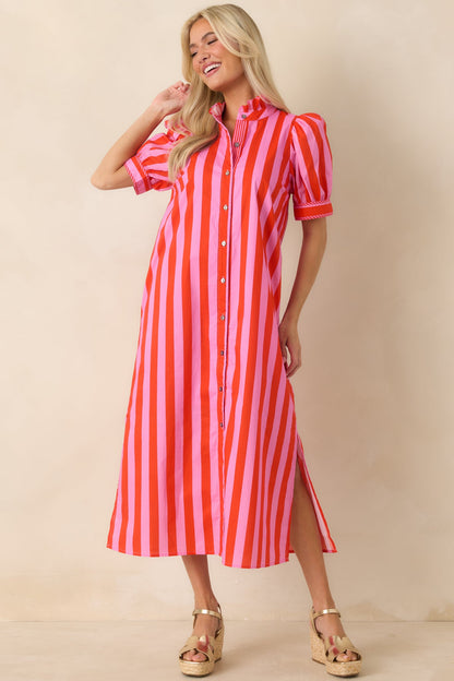 She’s Electric Pink & Red Stripe Cotton Puff Sleeve Midi Dress