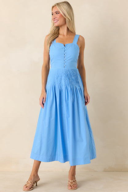 Sunny Stroll Light Blue Cotton Pleated Midi Dress