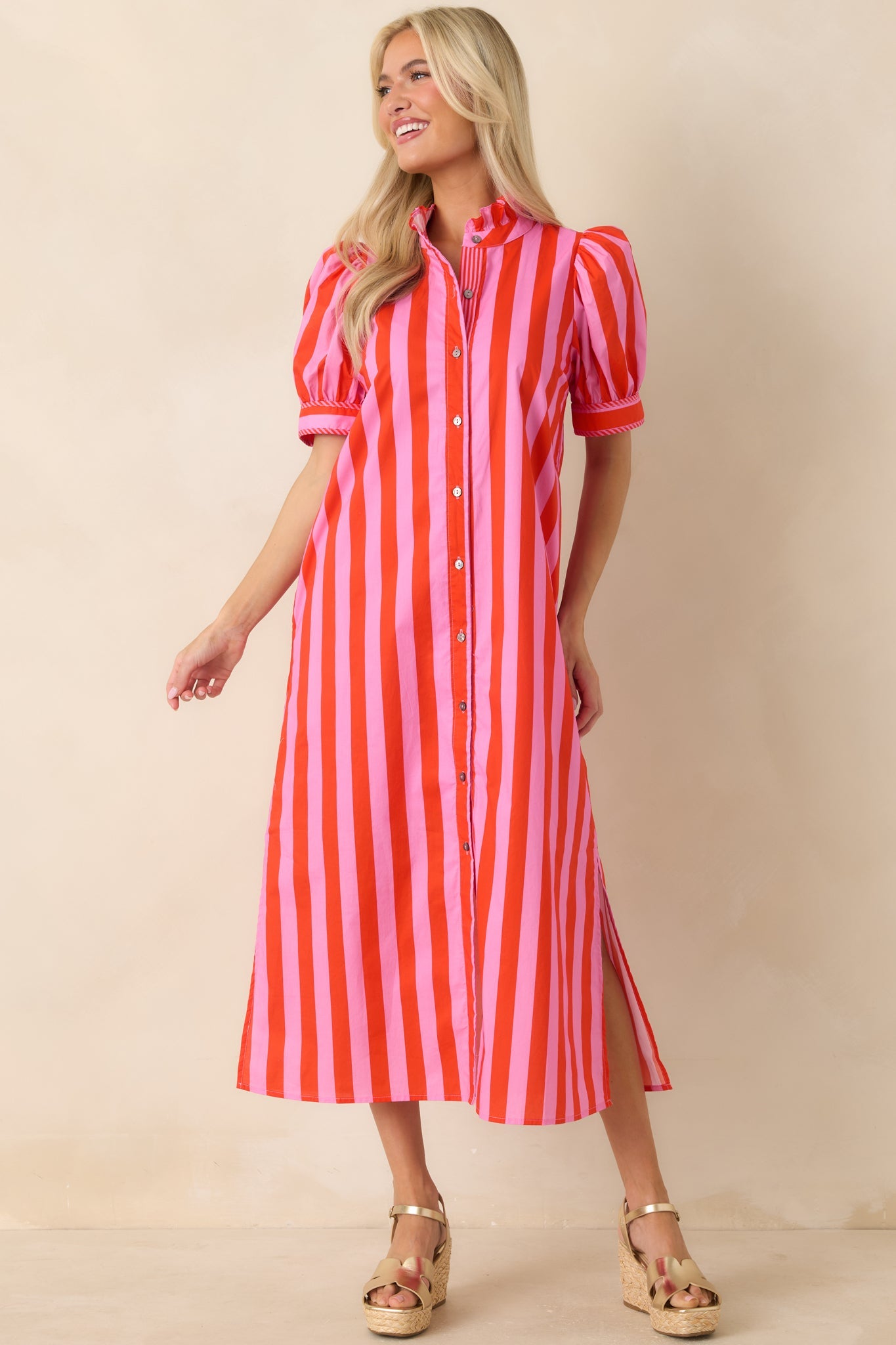 She’s Electric Pink & Red Stripe Cotton Puff Sleeve Midi Dress