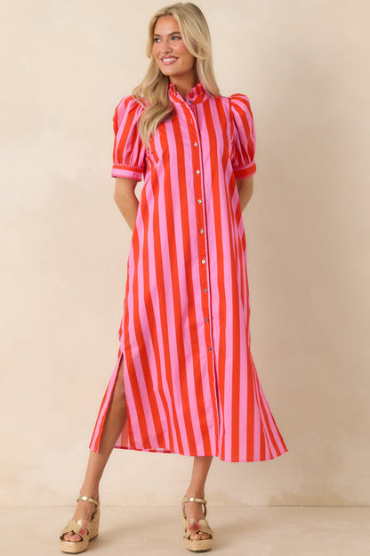 She’s Electric Pink & Red Stripe Cotton Puff Sleeve Midi Dress